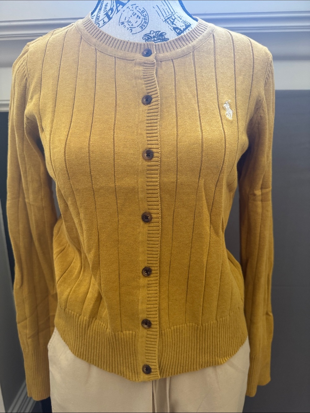 Ralph Lauren Mustard Yellow Ribbed Button-Up Crewneck Cardigan